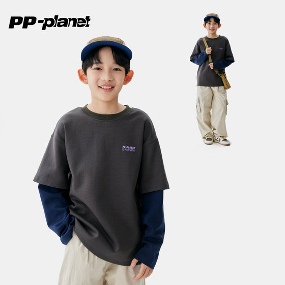 
PP Planet Children's Fake Two-Piece Long Sleeve T-Shirt Spring and Autumn New Boys Casual Sweatshirt T Middle Children's Casual T
