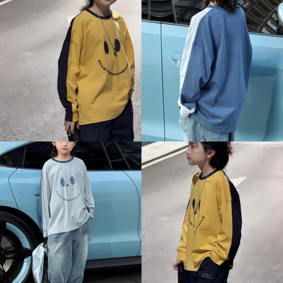 
Pola physical store children's clothing spring 286 boys and girls smiley face print front and back contrast color children's long-sleeved T-shirt