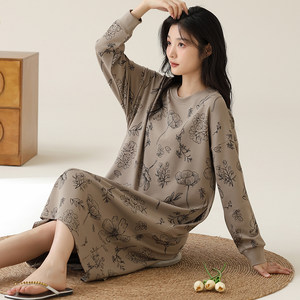 
Youguo Spring, Autumn and Winter Long Sleeve Pure Cotton Pajamas Night Dress Women's Dress 2024 New Simple Cartoon Home Clothing