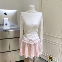 Textured White Half-High Collar Lace Base Shirt for Women, Autumn and Winter Korean Style, Slightly See-Through and Unique Inner T-Shirt Top