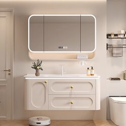 New French-Style Cream-Colored Multi-Layer Solid Wood Smart Bathroom Cabinet Combination with Integrated Ceramic Washbasin for Washing Hands and Face