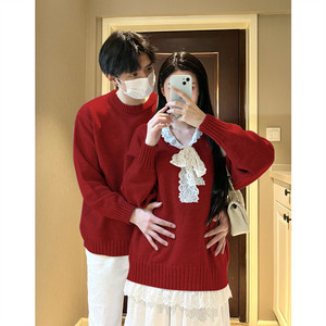 
Couple outfit autumn and winter new style red super hot sweater dress for the New Year, one for men and one for women Korean French knitted sweater trend