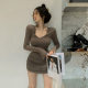 2025 spring new base skirt hot girl short skirt nightclub V-neck pleated slim hip-pack sexy dress for women
