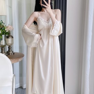 
New pajamas for women's spring and autumn ice silk long-sleeved nightgown French summer lace suspender nightgown with chest pad home clothes