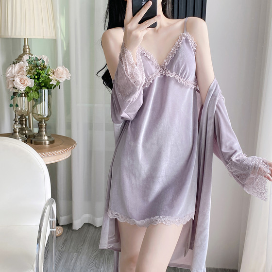 
Sexy Pajamas for Women Autumn New Gold Velvet Lace Suspender Nightgown with Breast Pad Winter Large Size Premium Two-piece Set