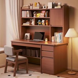 Solid Wood Desk, Bedroom Study and Office Wall-Mounted Bookshelf Integrated Desk, Computer Desk and Chair Combination, Student Simple Writing Desk
