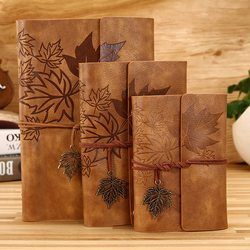 Retro Style Strap-Bound Loose-Leaf Notebook, Japanese-Style Leather Maple Leaf Notepad, Kraft Paper Literary Style Travel Notebook