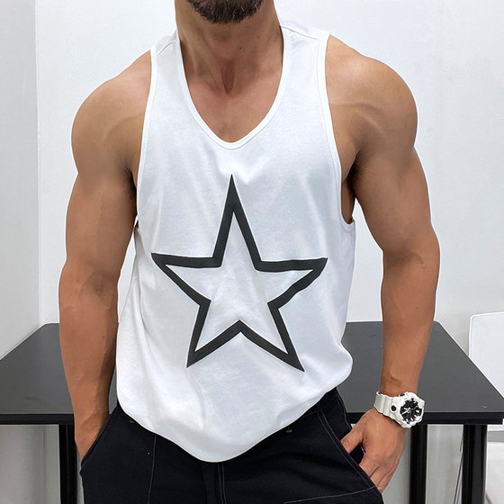 Simple design! Excellent ready-to-wear pure cotton sports vest sleeveless T-shirt muscular man showing loose and strong figure
