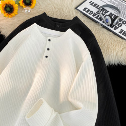 Henry Collar Long-Sleeve T-Shirt for Men, Autumn and Winter, Fleece-Lined, High-End Feel, White Base Layer Sweatshirt, 2025 New Model