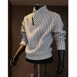 Chanel-Style Diagonal Zipper Stand-Up Collar Sweatshirt for Men, Spring and Autumn Trendy American Style Thickened Inner Layer Base Shirt, Heavyweight Men's Top