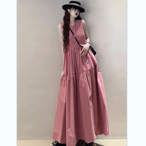 
Loose large-size sleeveless dress with long round neck high waist doll skirt BF style casual student over-knee bottoming long skirt