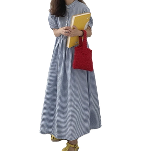 Loose large-size cotton and linen dress temperament over knee high waist doll skirt BF style casual student short-sleeved plaid long skirt
