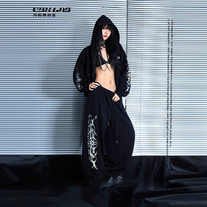 
CBXLAB hip-hop trendy brand black metal goth cool autumn and winter personalized sweatshirt jacket jazz hot girl sweatpants