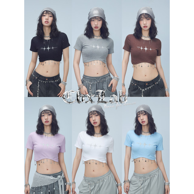 CBXLAB Street Dance Trendy Brand Summer Sea Wave Navel Embroidery Short Sleeve Star Hanging Chain Kpop Hot Girl Slim Body Clothes Women
