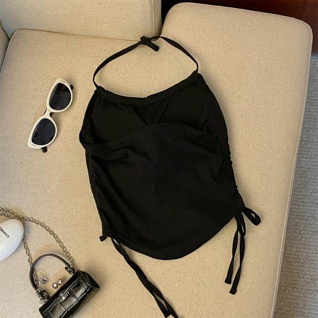 Large size 300Jin [Jin equals 0.5 kg] Design-sensory drawstring halter neck vest for women in summer fat mm tether short breast pad top