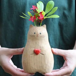 Cat Vase, Imitation Wood Carving Small Ornaments, Creative Japanese Handmade Cat Vase, Office Ornaments, Birthday and Wedding Gifts