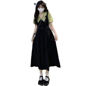 Large size French puff sleeves fashionable fake two-piece lapel dress for women in summer mid-length style waist-hugging and slimming A-line skirt
