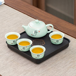 Household Tea Set with Tea Tray, One Pot and Two or Four Cups, Ceramic Kung Fu Tea Set, Tea Brewing Pot, Tea Cup, Simple Dry Brewing Tray