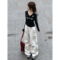 American-Style Black V-Neck Slim-Fit Long-Sleeve T-Shirt for Women, Spring and Autumn 2025 New Style Inner Layer Base Shirt, Jazz Dance Top