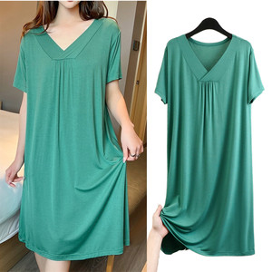 Modal V-neck nightgown short sleeved dress, summer thin, plus size, loose, medium to long, knee length, daily wear, nightgown