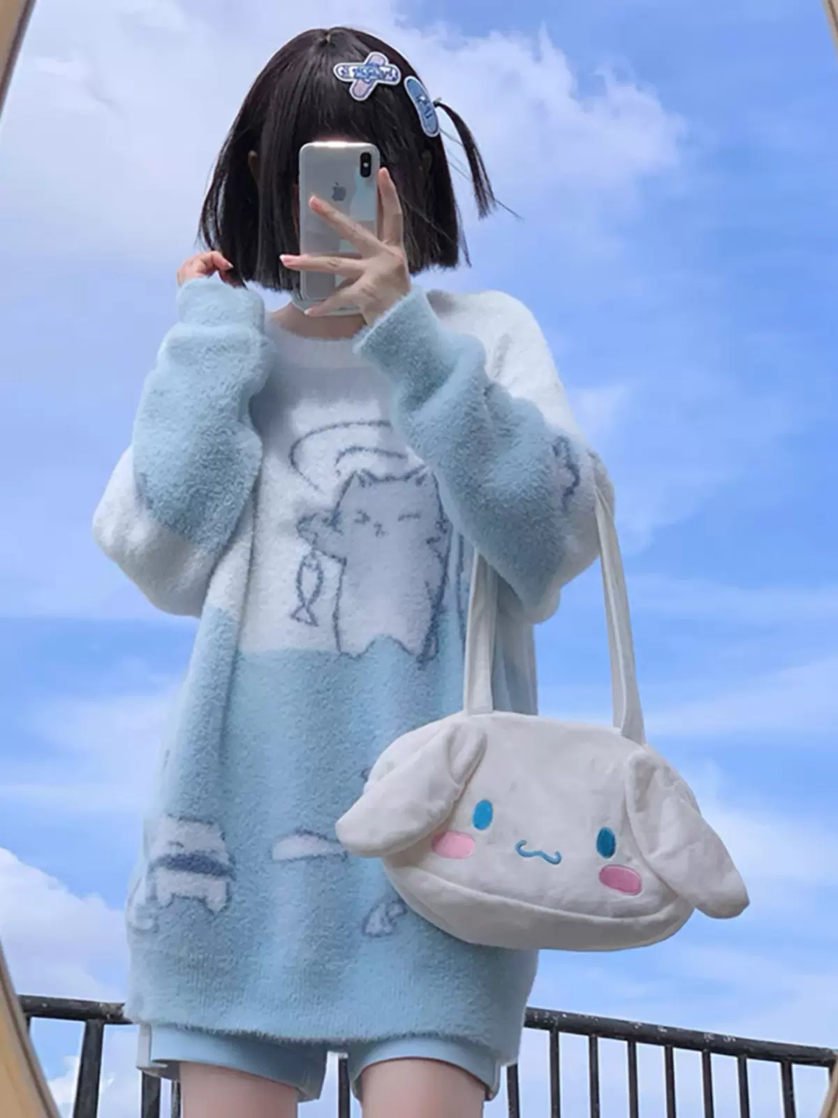 日系甜美奶系软糯毛衣女可爱蓝色小猫钓鱼小众设计针织