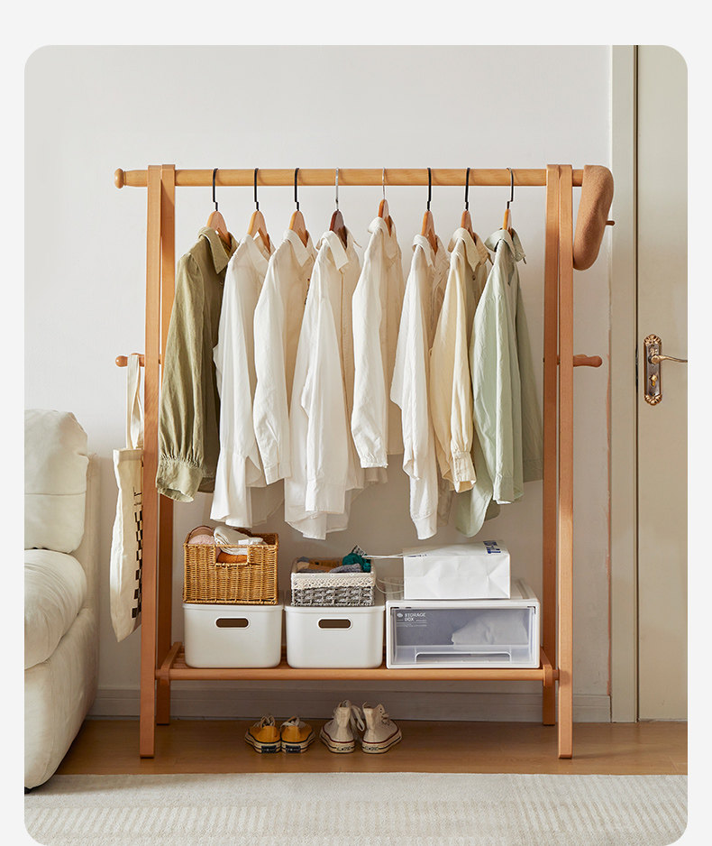 【送料無料】Woody Modern Hanger Rack Fu di Solid Wood Clothes Rack - Light Luxury Bedroom Organizer