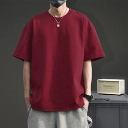 Xinjiang Cotton Burgundy 300g Heavyweight Pure Cotton Short-Sleeve T-Shirt Summer Solid Color Unisex Trendy Brand Loose Casual Top