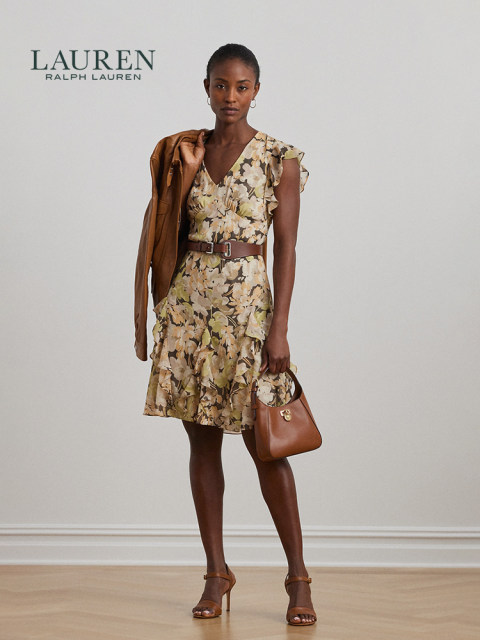 Lauren/Lauren Women's Clothing 25 Years Early Spring Slim Edition Floral Pattern Frilled Georgette Dress