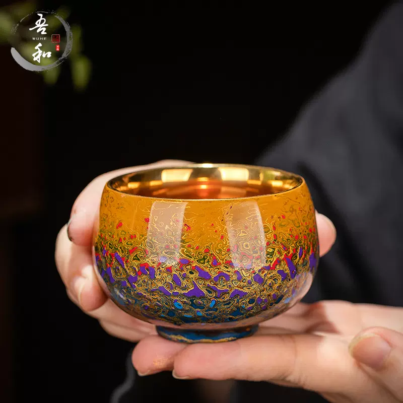 吾和漆器茶具福州大漆手工制作主人杯渐变24K金菩提叶陶瓷茶杯子-Taobao