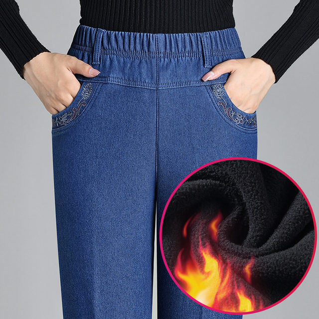 Winter velvet jeans for women, warm pants for middle-aged and elderly people, large size elastic waist pants, granny pants, old lady pants