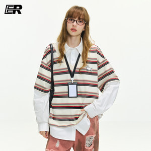 
[Zhang Guiyuan] ER fake two-piece puppy embroidered striped Polo collar long-sleeved T-shirt for men and women 2026 autumn college style