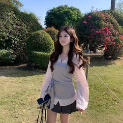 Popwest Original H2An1 Studio Patchwork Fake Two-Piece Shirt Niche Color-Blocking Shirt Waist-Cinching Long-Sleeve Women's Top