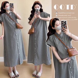 
Maternity wear, summer loose, artistic, short-sleeved plaid dress, open button, nursing style, over-the-knee shirt, long skirt
