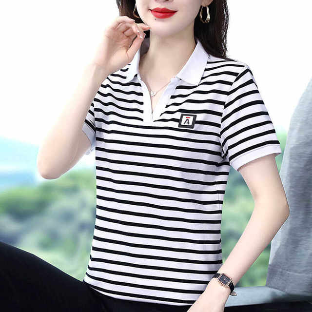 Lapel short-sleeved striped T-shirt women's large size Western style ...