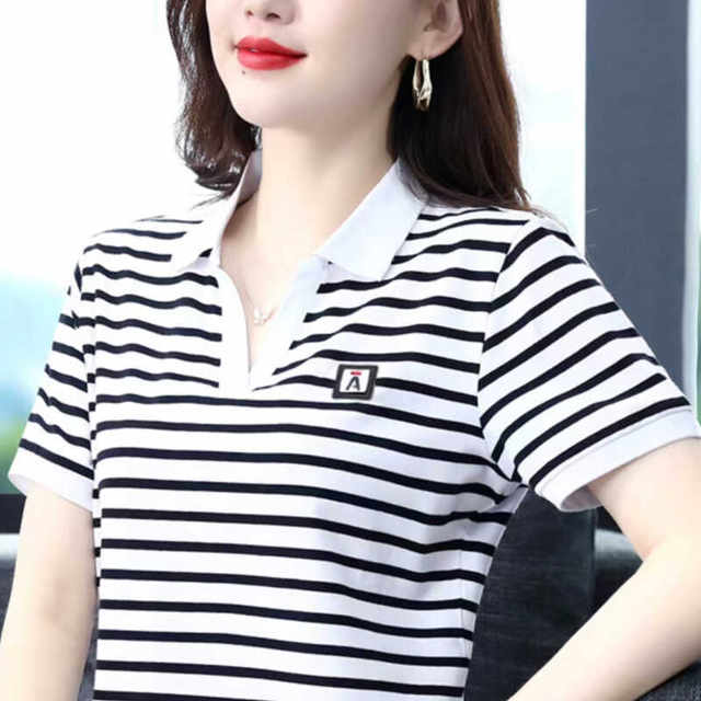 Lapel short-sleeved striped T-shirt women's large size Western style ...