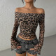 Shemoda European and American style sexy double-layer mesh leopard print one-length neck long-sleeved T-shirt women's slim short top