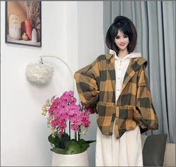 【Mumu Wanderings】(Flower Dreams) Casual Style Yellow and Black Large Plaid Hooded Four-Pocket Women's Windbreaker Jacket