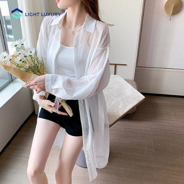 New summer white sunscreen shirt for women high-end temperament sunscreen clothing mid-length striped jacket