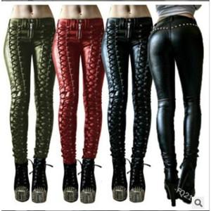 
2026 cross-border new women's clothing Amazon AliExpress strappy PU leather pants solid color mid-waist casual pencil trousers trendy