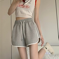 Pure Cotton Gray Shorts for Women, Summer Loose Fit, American Retro High-Waisted, Petite A-Line Wide-Leg Sports Casual Hot Pants