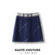 Summer dark blue contrast spliced ​​short skirt imitation denim skirt A-line temperament retro zipper anti-exposure casual
