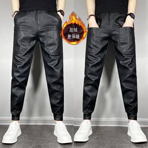 Winter velvet thickened warm PU pants for men's motorcycle delivery, windproof and waterproof leather pants, elastic and warm small leg pants