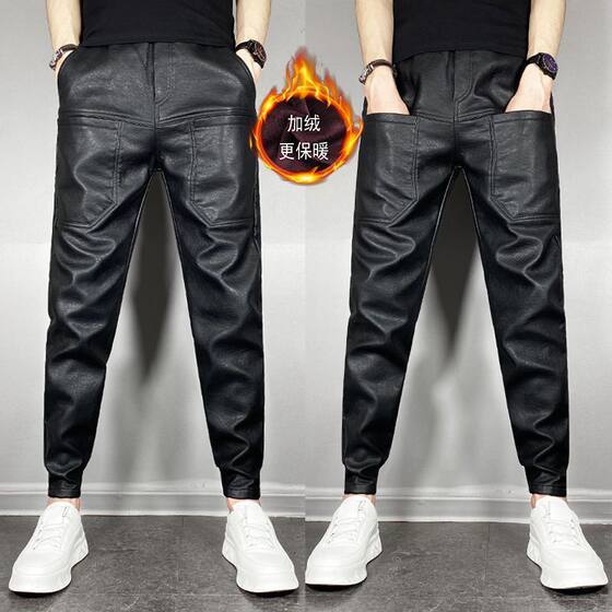 Winter velvet thickened warm PU pants for men's motorcycle delivery, windproof and waterproof leather pants, elastic and warm small leg pants