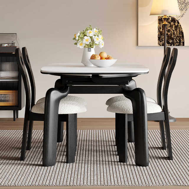 Cream style solid wood retractable slate dining table modern simple ...