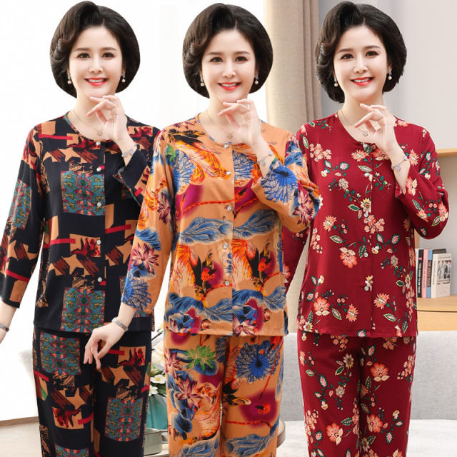 Women's cotton silk pajamas women's new 2025 summer ice silk can be worn outside mother's long-sleeved cardigan thin home clothes