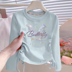 Pure Cotton Girls' Long-Sleeved T-Shirt Autumn Outfit with Drawstring Top 2026 New Stylish Fashionable Inner Layer Base Shirt for Spring and Autumn