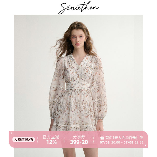 Sincethen French floral skirt long-sleeved dress spring short skirt small vacation outfit women's spring