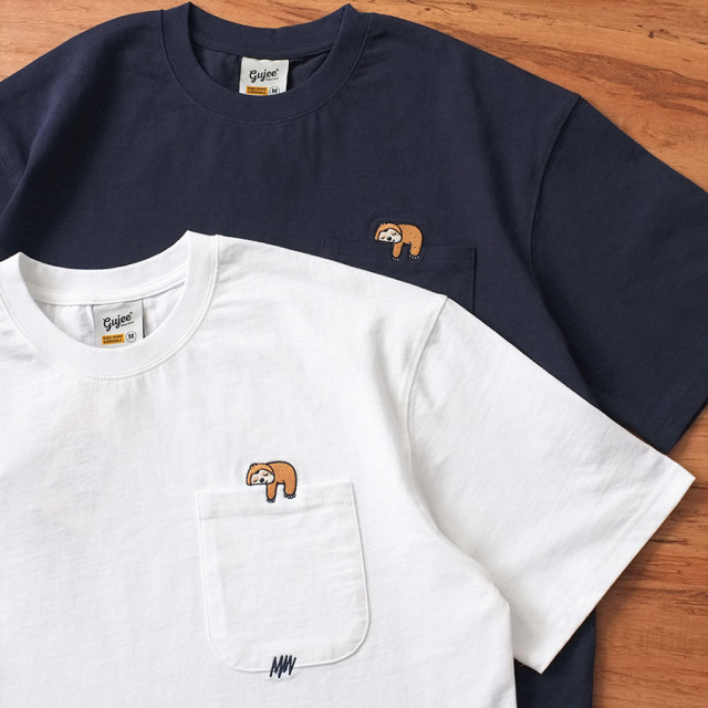 Japanese cute sloth loose shoulder embroidered pocket for men and women middle-sex couple pure cotton round neck short-sleeved T-shirt gj2023