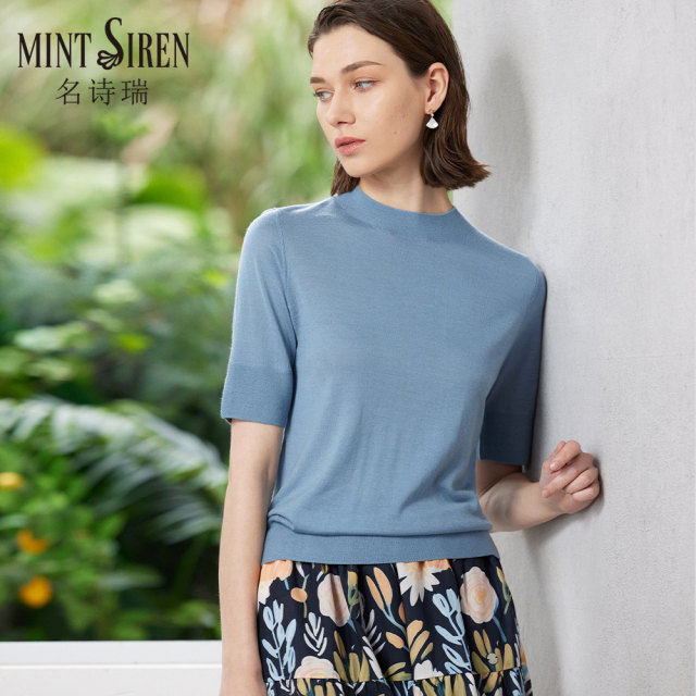 2025 spring new product short-sleeved basic style solid color half-high round neck worsted pure wool base thin sweater pullover