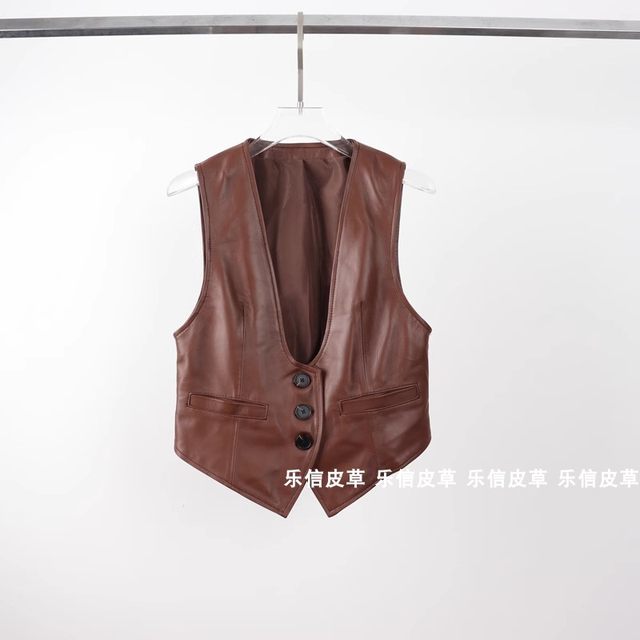 Sheepskin versatile and fashionable slim-fit coffee-colored vest Single ...